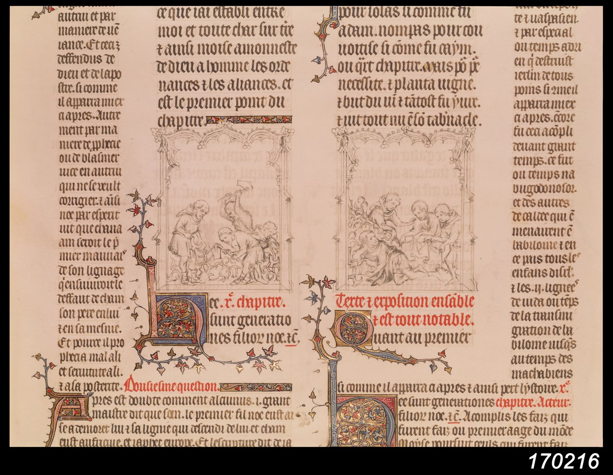 Noé a szőlőskertben és Noé részegsége, Jean Sy Bibliájából, 1355 körül alkotó: French School