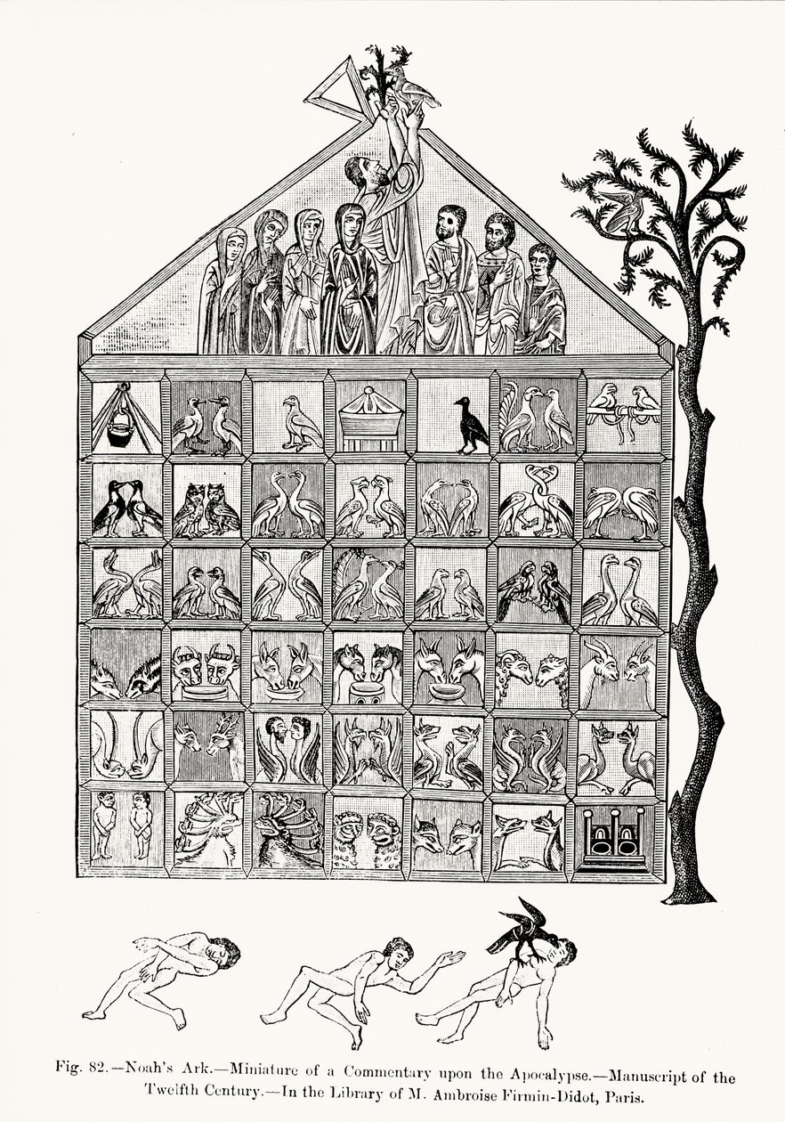 Noé bárkája, miniatűr az Apokalipszis kommentárjából, illusztráció a tudomány és irodalom középkorban és reneszánszban, írta és metszett: Paul Lacroix, 1878 (bw fotó alkotó: French School