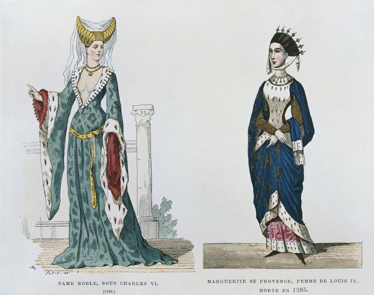 Károly uralkodása alatti nemesasszony, Marguerite de Provence, IX. Lajos felesége 1285-ben halt meg, az évszázadok során átívelő francia polgári és katonai viseletben. alkotó: French School