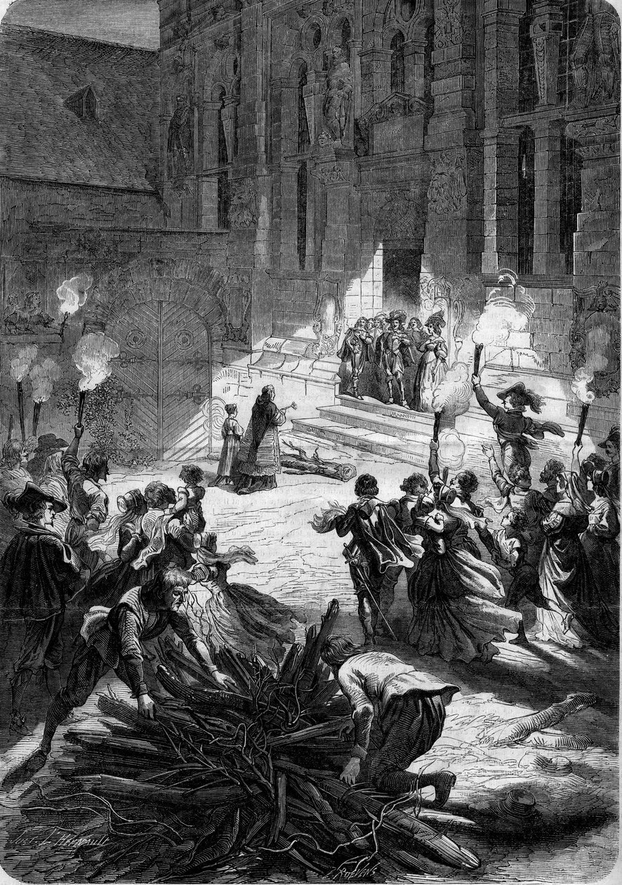 Noel Franciaországban XIII. Lajos alatt: a lord ott áll kastélya ajtaja előtt, miközben egy pap felszenteli a buchét, amely áldást kell hogy hozzon a lakásba. Az udvaron a parasztok mészárost állítottak fel. 17. század. Metszet a „” Le Monde Ill alkotó: French School