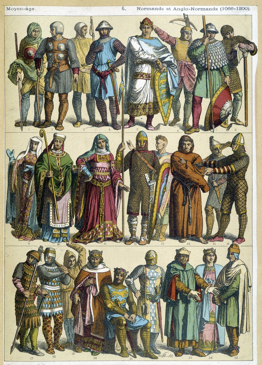 Norman és anglo-normann polgári, vallásos és harcos jelmezek (1066-1200) - metszet alkotó: French School