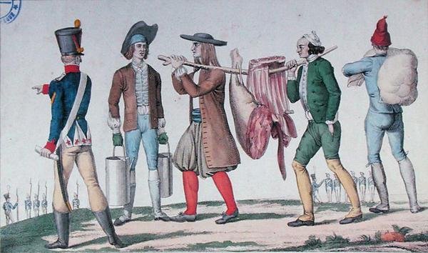 Norman és breton újoncok, akik ellátmányt szállítanak, a „Katonai karrier első lépései” című sorozatból, 19. század eleje (színes metszet) alkotó: French School
