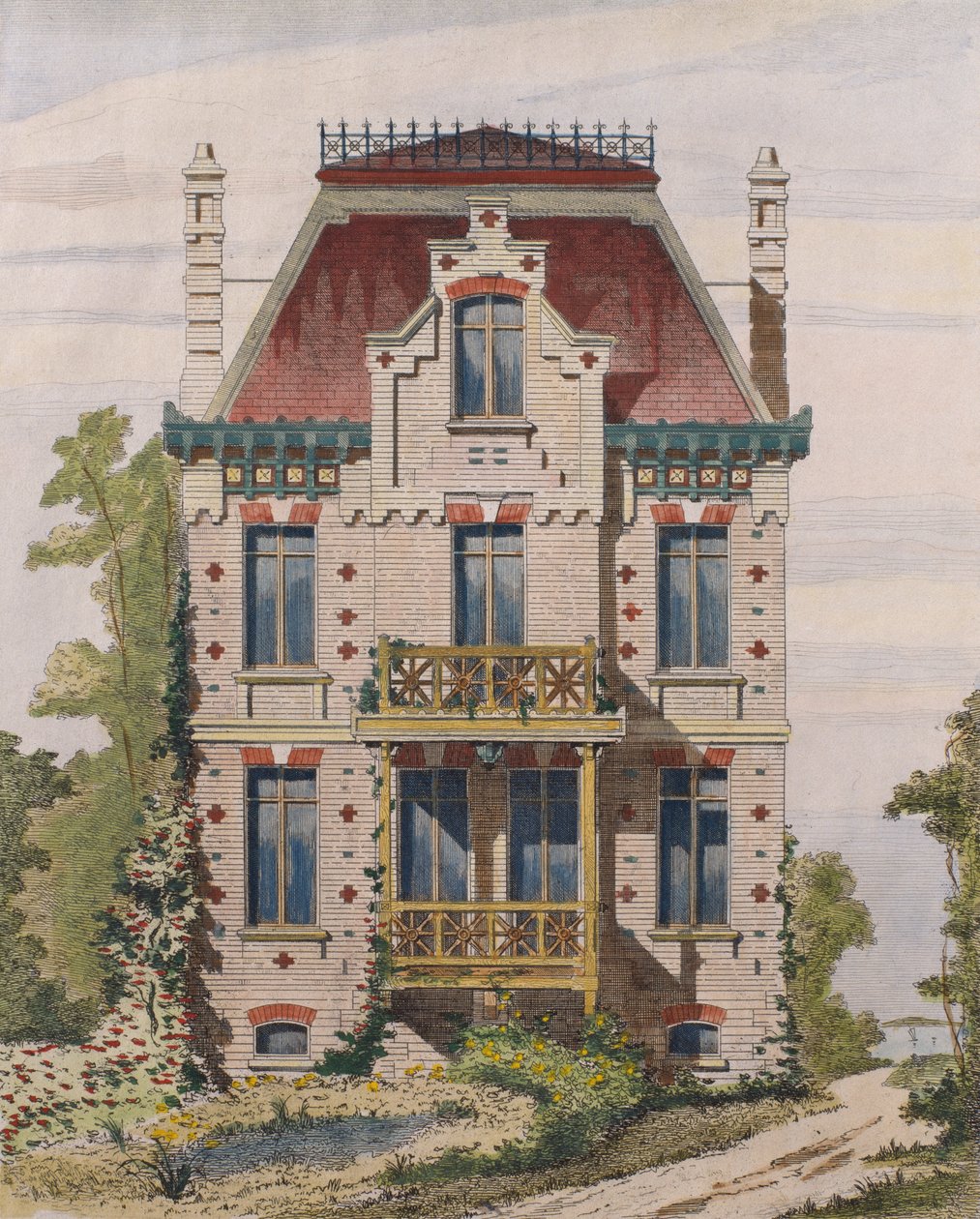 Norman villa Villers sur merben, Normandia, illusztráció a Le Moniteur des architectesből, 1883 (színes metszet) alkotó: French School