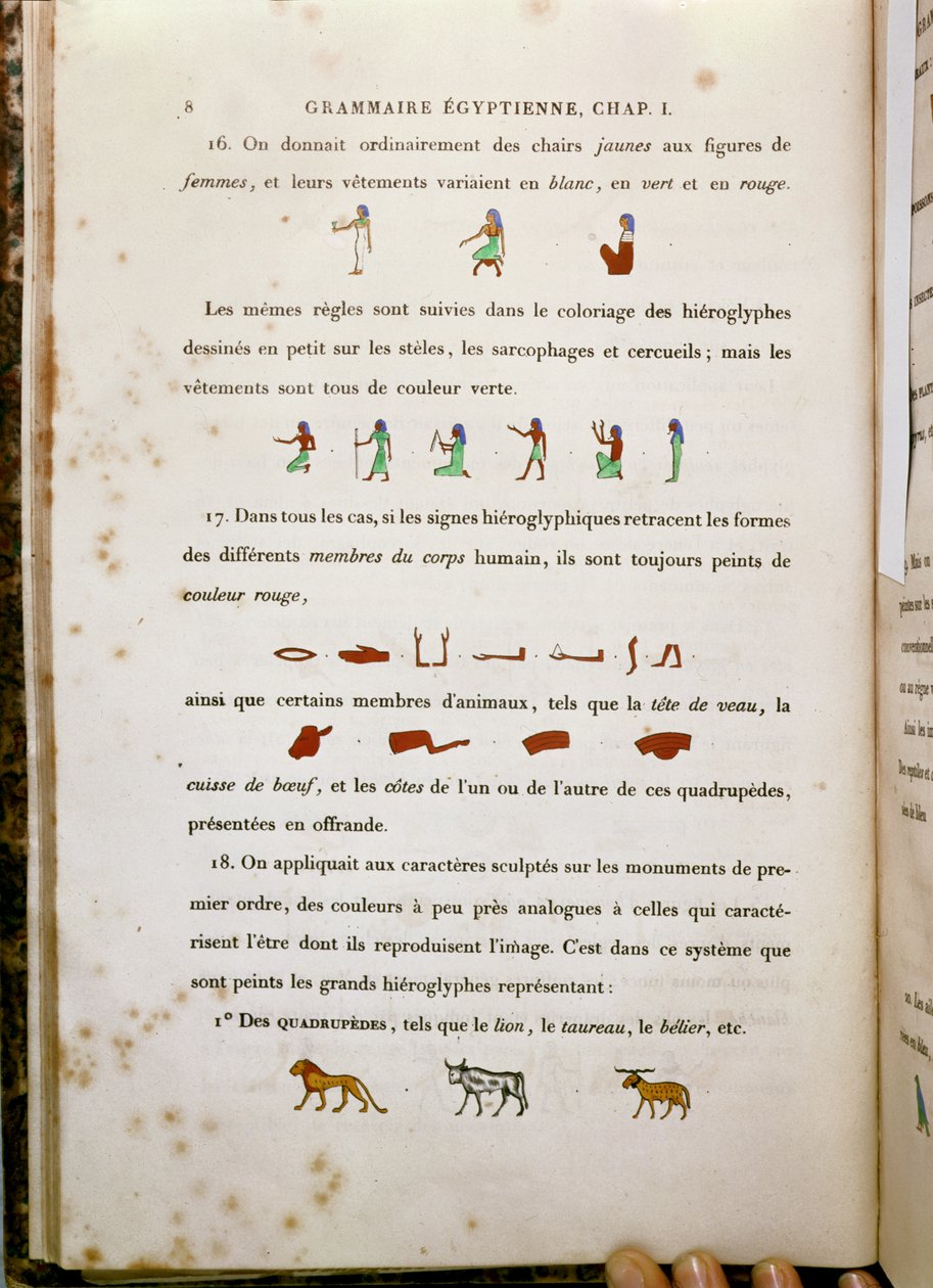 Megjegyzések bizonyos hieroglifák színezéséhez, Jean Francois Champollion (1790-1832) Grammaire Egyptienne-jéből, 1836 alkotó: French School
