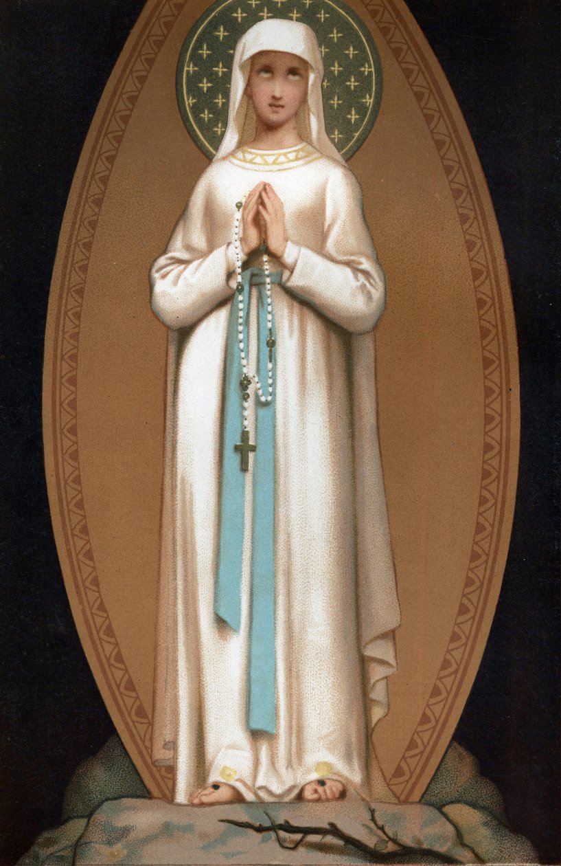 Notre Dame de Lourdes: Szűz Mária ábrázolása, ahogyan Bernadette Soubirousnak látszott volna a lourdes-i barlangban 1858-ban. Kromolitográfia. Henri Lasserre „” Notre Dame de Lourdes” frontispice alkotó: French School
