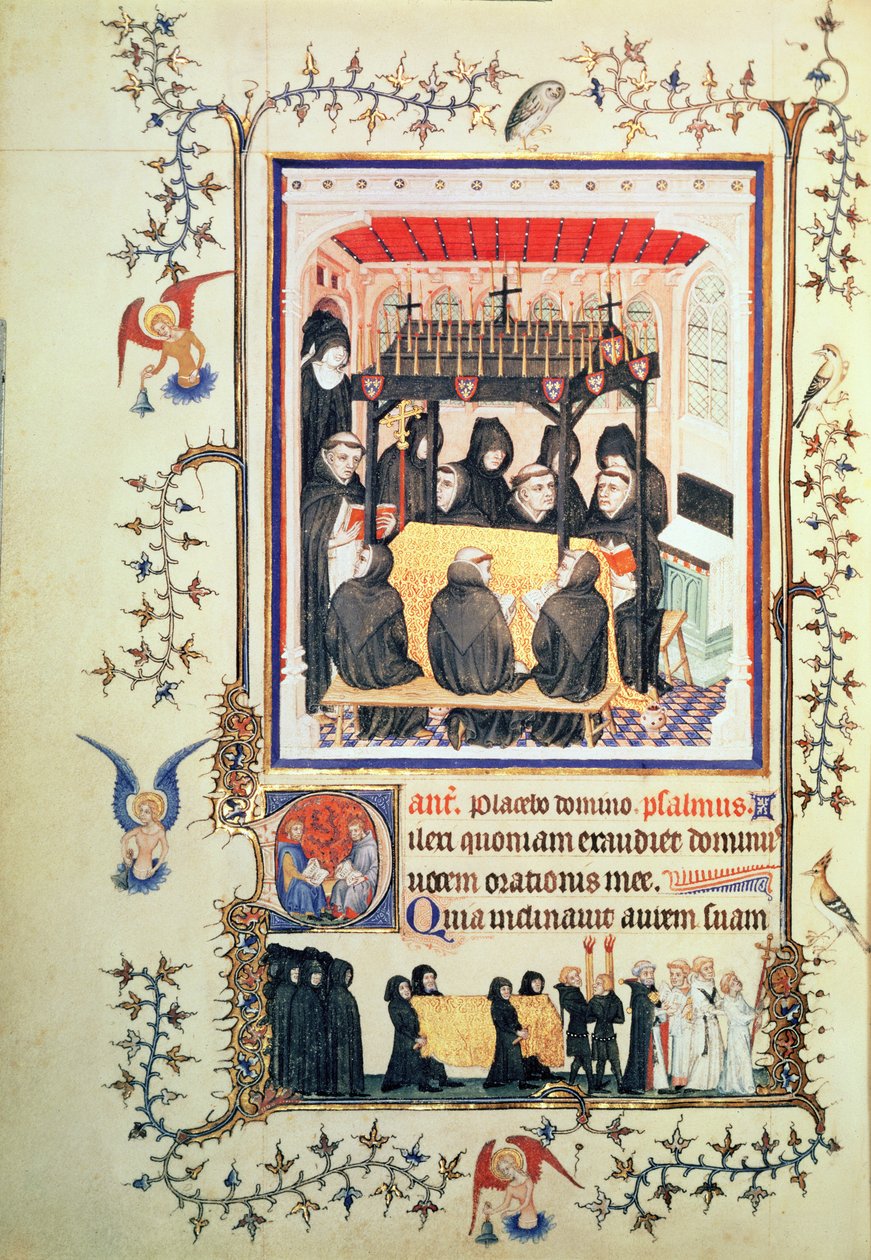 Új Lat 3093 f.104 Szerzetesek imádkoznak, a Tres Belles Heures de Notre Dame de Duc de Berry-ből, 1380 körül alkotó: French School