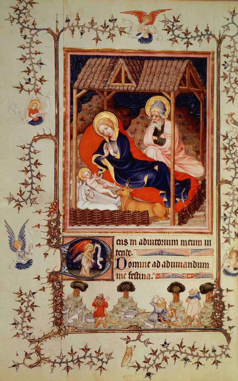 Nouv Lat 3093 f.42 A pásztorok születése és látogatása, Duc de Berry Tres Belle Heures című művéből, 1382 körül kezdődött alkotó: French School