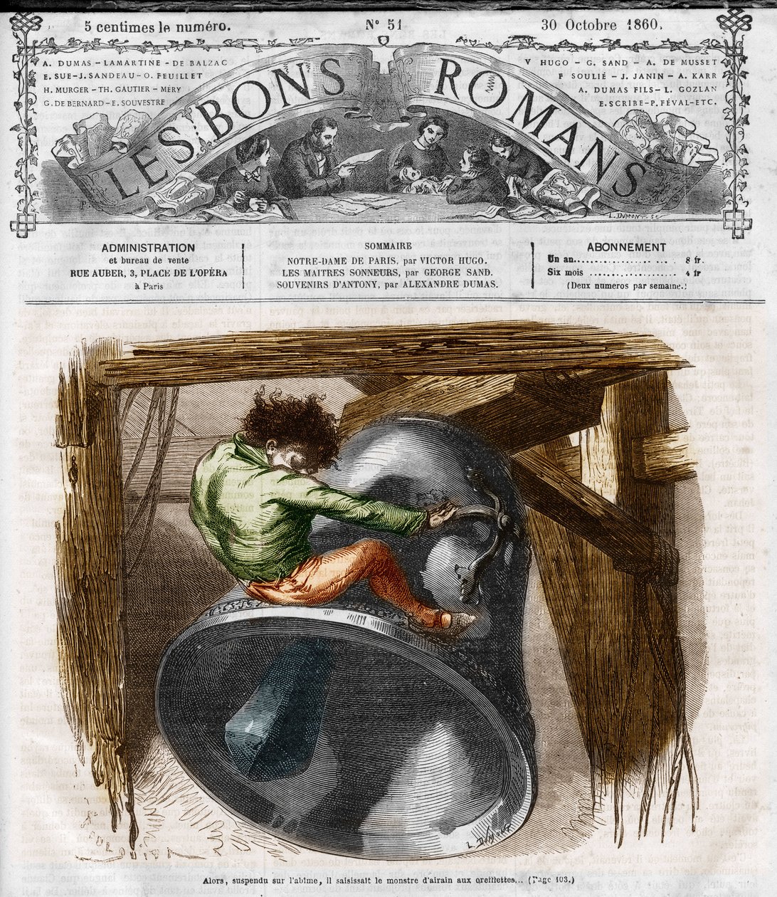Regénysorozat: Victor Hugo (1802-1885) „Notre Dame de Paris”. Quasimodo a harangtoronyon. Metszet a „Les bons romances”-ba alkotó: French School