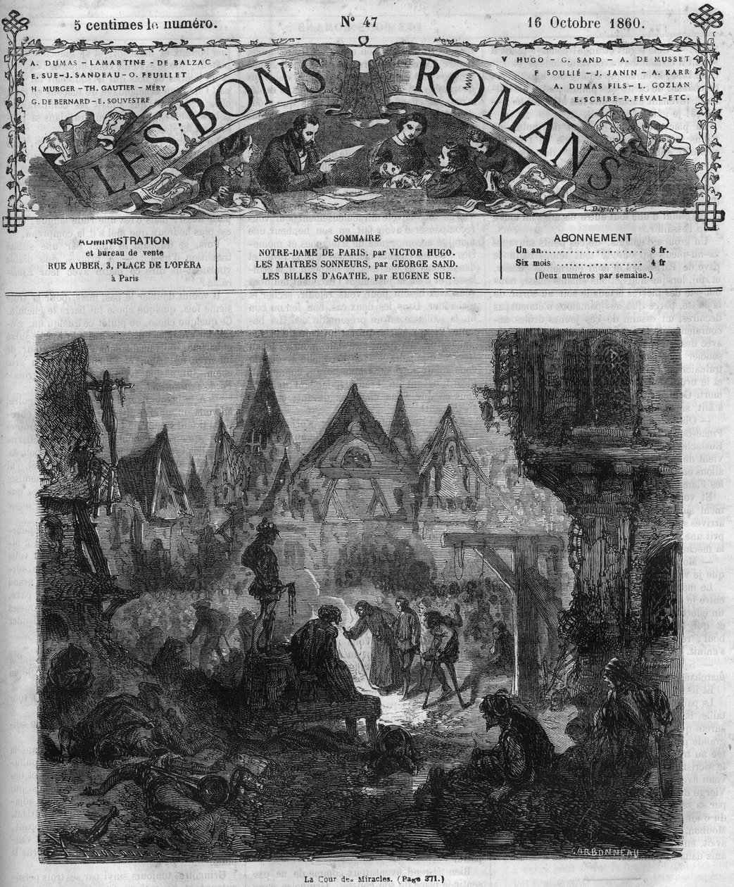 Regénysorozat: Victor Hugo (1802-1885) „Notre Dame de Paris”. A csodák udvara. Metszet a „Les bons romances”-ba alkotó: French School