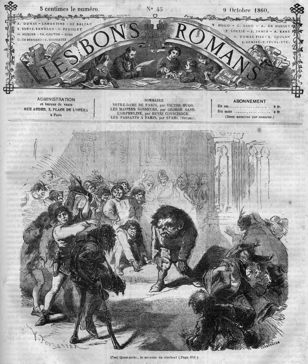 Regénysorozat: Victor Hugo (1802-1885) „Notre Dame de Paris”. A tömeg ijedten és nevetve Quasimodo, a harangozó előtt. Metszet a „Les bons romances”-ba alkotó: French School