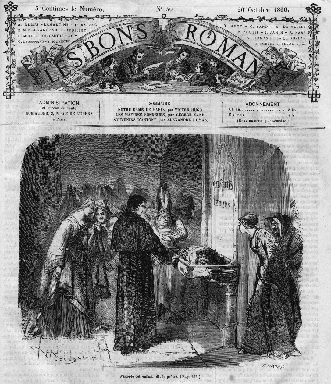 Regénysorozat: Victor Hugo (1802-1885) „Notre Dame de Paris”. A pap úgy dönt, örökbe fogadja Quasimodot. Metszet a „Les bons romances”-ba alkotó: French School