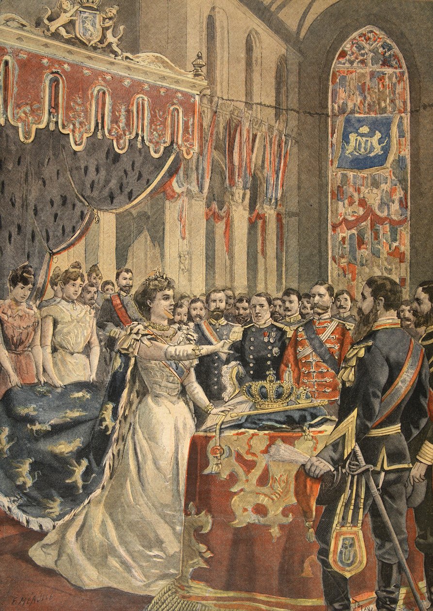 Vilmos királynő alkotmányának esküje, illusztráció a Le Petit Journalból: Supplement illustre, 1898 alkotó: French School