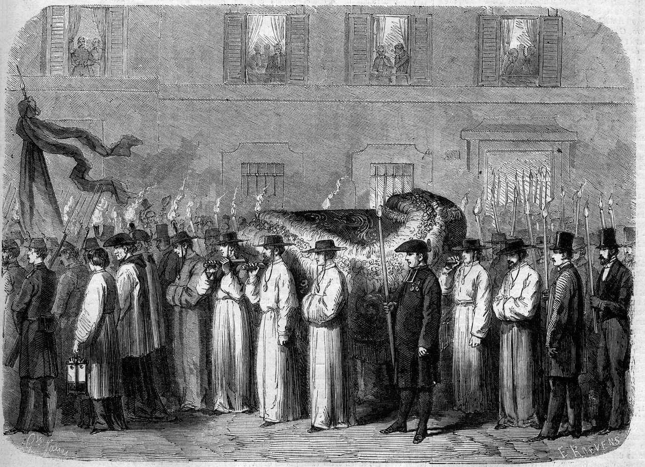 Jean Baptiste (Giovanni Battista) Niccolini (1782-1861) obseques, 1861. szeptember 21.: temetési konvoj az olasz költő földi maradványait szállítva Firenze (Firenze) utcáin, Olaszországban. Metszet a „” Le Monde Illustré”” 234. számában, október 5-én alkotó: French School