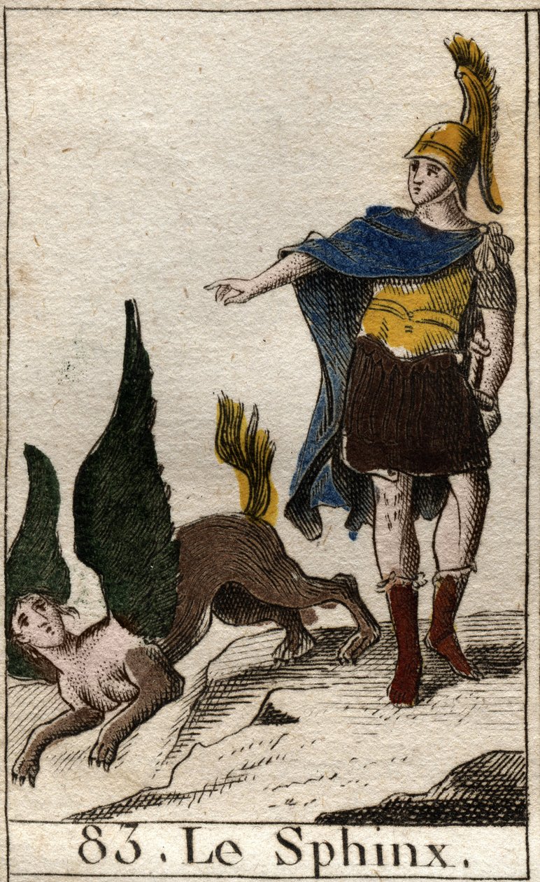 Oidipusz megfejti a magas szikláról ledobó szfinx rejtvényét. Pierre Blanchard „Az ifjúság mitológiájából” 1803-ból. alkotó: French School