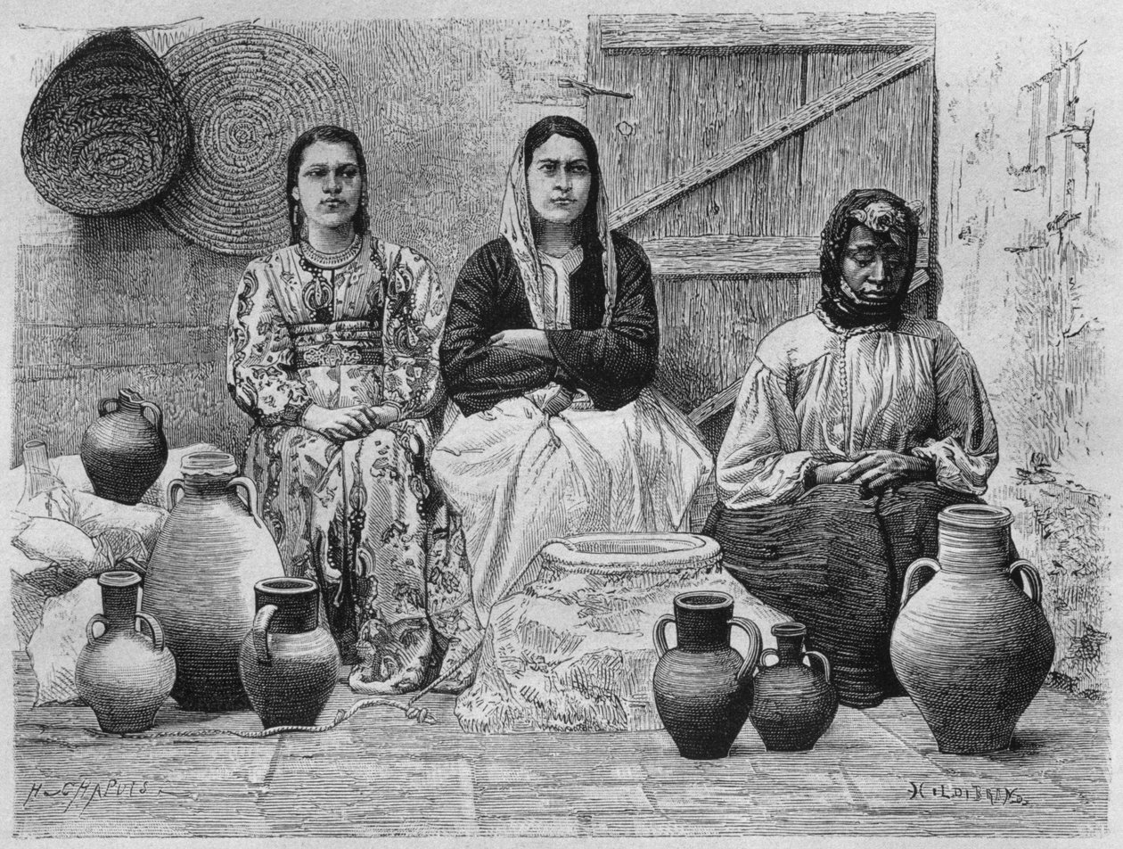 Olajkereskedők Jeruzsálemben, Szíriából ma. Utazások Föníciában, Libanonban és Júdeában. Louis Charles Emile Lortet 1875-1880, 1884 (bw metszet) alkotó: French School