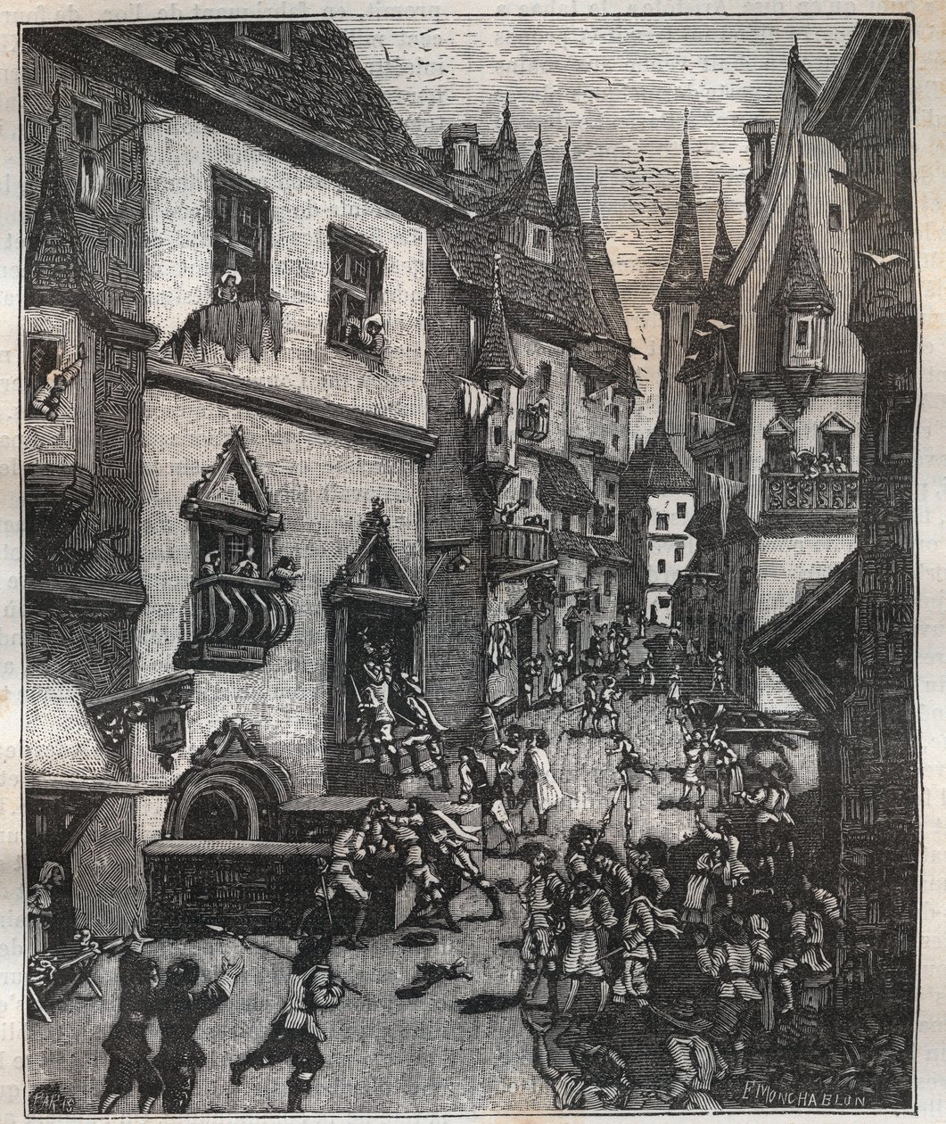 1636. május 20-án nyolc hamisítót tartóztatott le a rue Champfleuriban két rendőrbiztos egy tucat őrmester kíséretében – Nicolas Jules Henri Gourdon de Genouillac (1826-1898) „Paris a travers les siecles” című művében. alkotó: French School