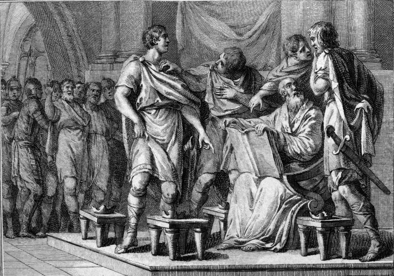 Clotaire (Clothaire) 1., a frankok királyának halálakor négy fia mindegyike megkapta a királyság egy részét. A nevük: Caribert 1er vagy Charibert (kb. 520-567), Gontran 1er (kb. 545-592), Sigebert I (535-575) és Chilperic I (kb. 539-584). Metszés alkotó: French School