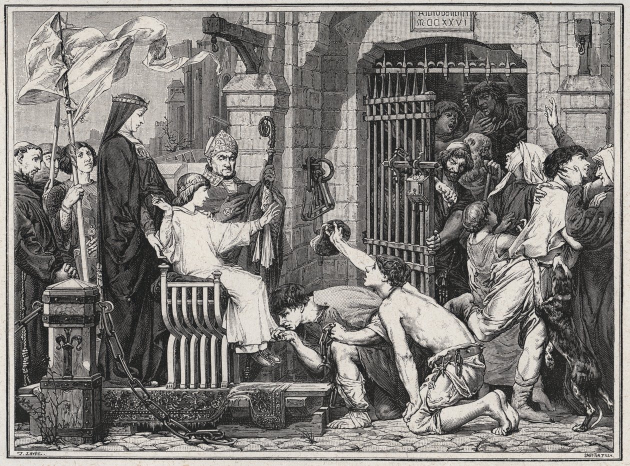 Jövője alkalmából (1227) az ifjú IX. Lajos elítélte a foglyokat – Louis Dumas 1889-es „Les Hommes Celebres de la France” című metszetébe. alkotó: French School