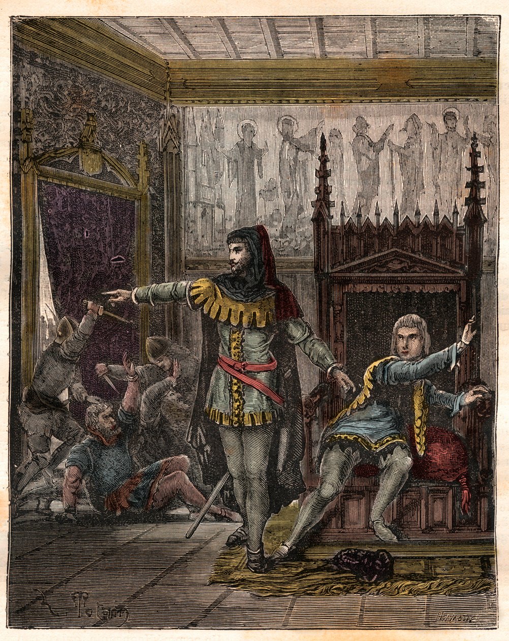 Százéves háború: „” Károly delfin (akkor V. Károly) (1338-1380) (Franciaország első delfinje) és Etienne Marcel (1302/1310-1358), aki meggyilkolt két minisztert (marechaux), Robert de Clermont és Jean de Conflans a szobában a francia delfin at alkotó: French School