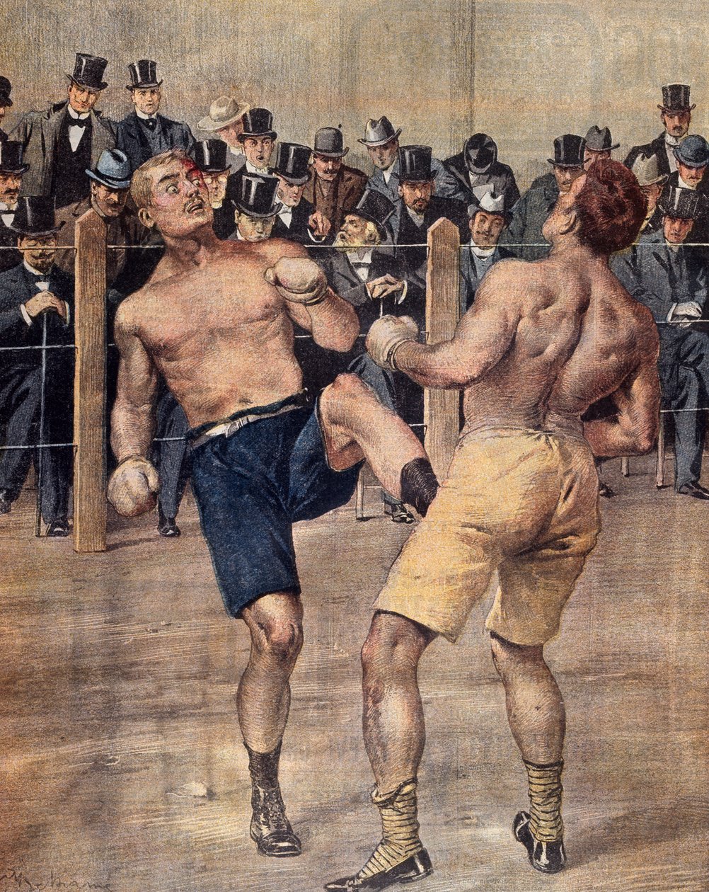 Az egyik első vad találkozó, a francia boksz, 1899-ben Párizsban vívott, színes gravírozás. Franciaország alkotó: French School
