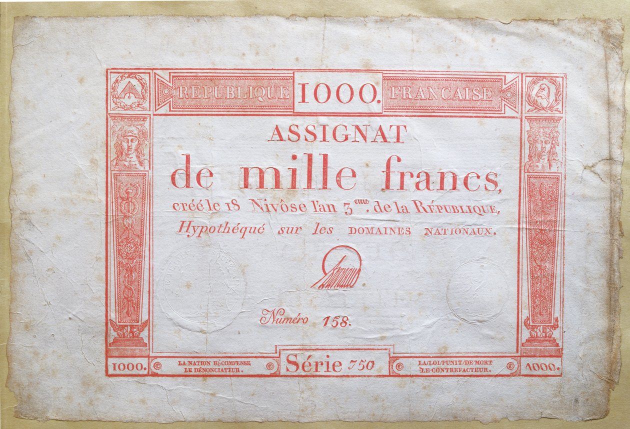 Ezerfrankos bankjegy, 1795 (tinta papíron) alkotó: French School