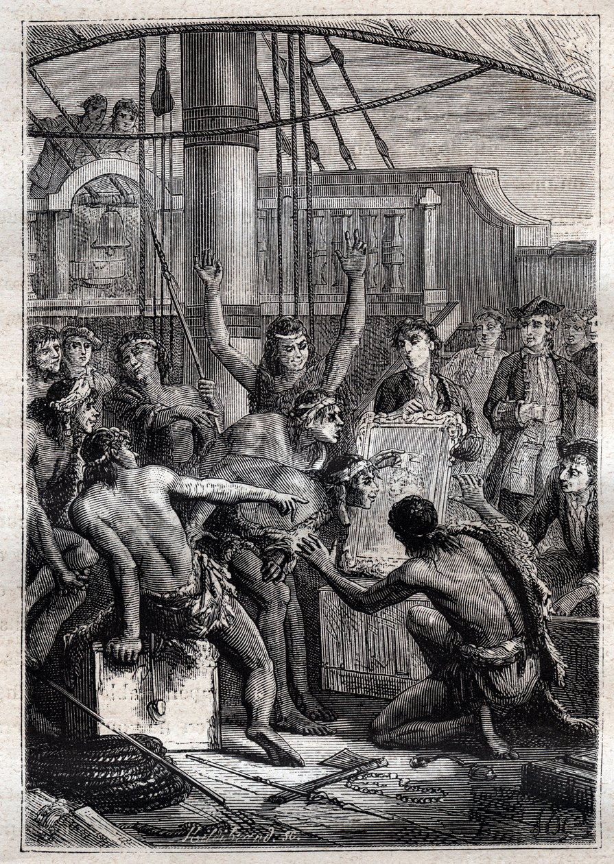Csupán egy tükör volt képes felkelteni döbbenetüket: Samuel Wallis utazása (1728-1795) Polinéziában - indigenes etonnes tükör által - illusztráció a „18. századi nagy tengerészek” című könyvből. alkotó: French School