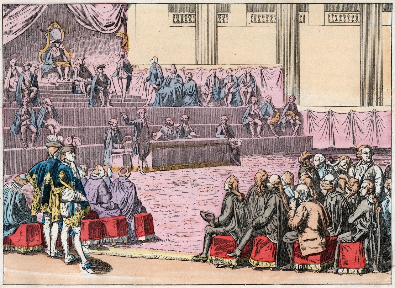 1789. május 5-én Versailles-ban az Estates General megnyitása, amely összehozza a három rendet (a klérust, a nemesi uradalmat és a harmadik államot). Gires Nationales alkotó: French School
