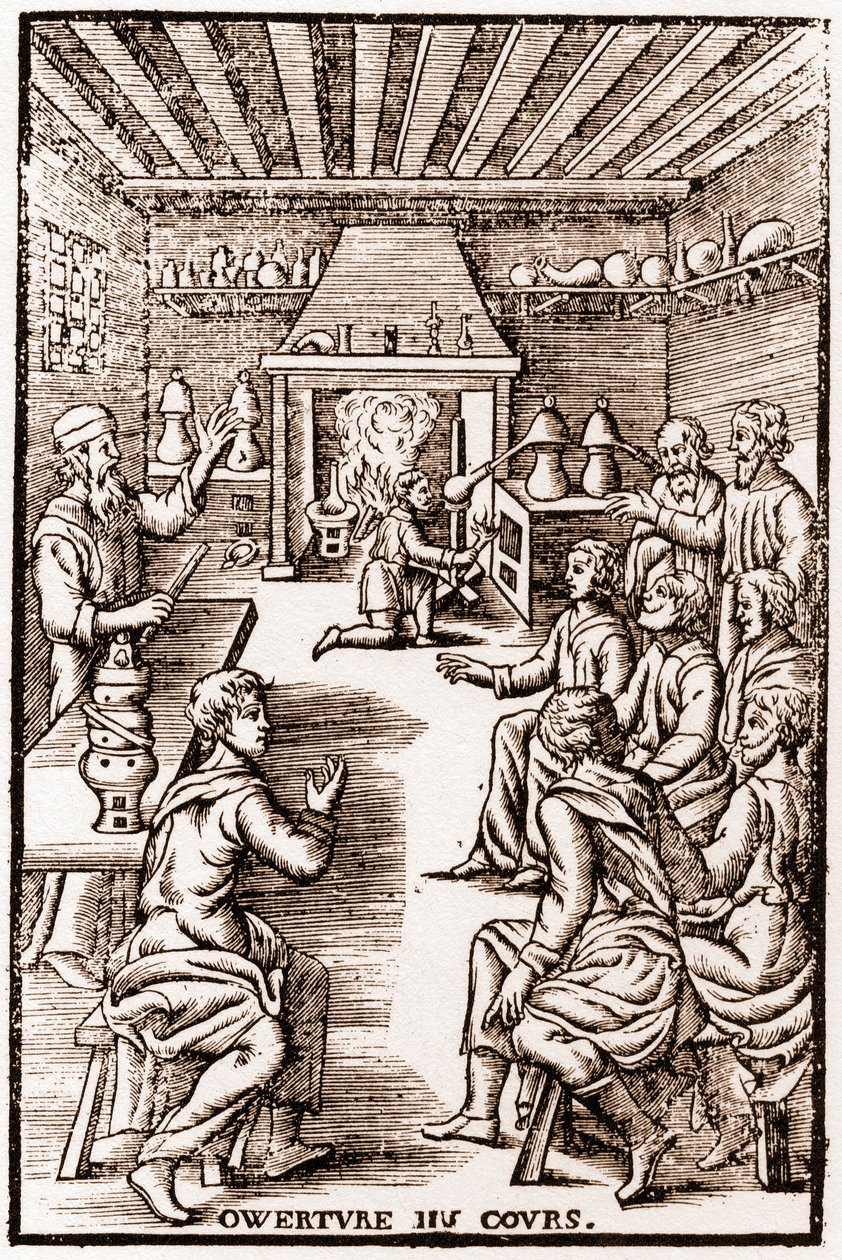 A transzmutációs kémia kurzusának megnyitása - 1653-as metszet a „” LE VRAY ET METHOD COURSES DE PHYSICS RESOLUTIVE”-ba, Annibal Barlet alkotó: French School