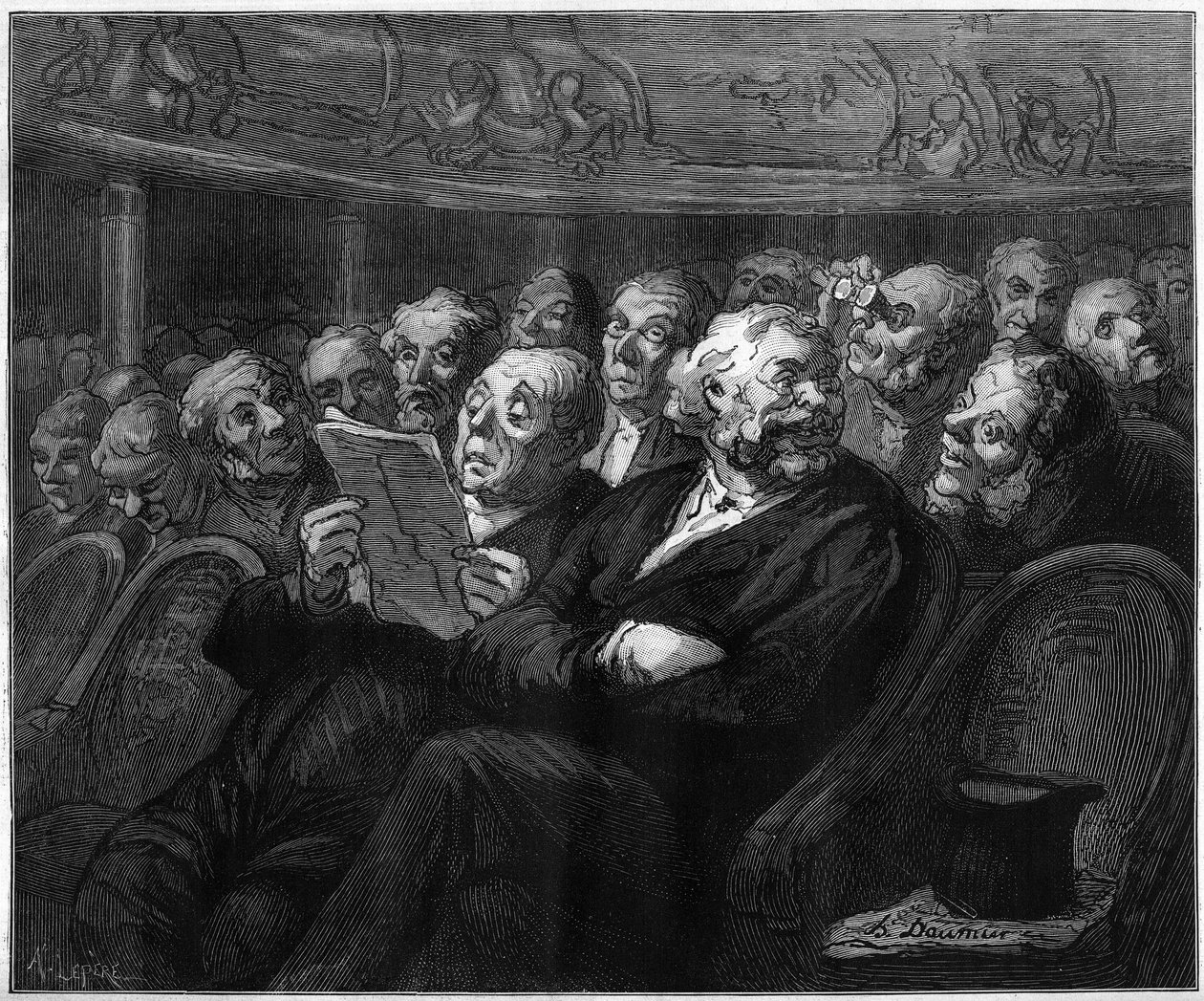 Zenekari székek. Honore Daumier (1808-1879) rajzfilmje. Metszet a „” The Illustrated World”” 1101-es számában, május 4 alkotó: French School