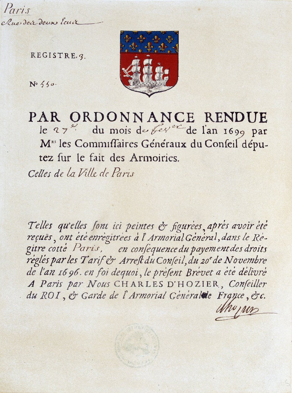 Párizs város fegyvereinek létrehozásáról szóló rendelet, február 27 alkotó: French School