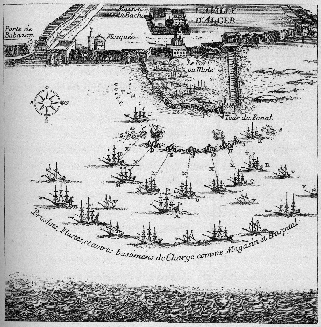 A francia hajók rendje az Algír elleni támadásért 1683-ban. Metszet: „La Marine et les colonies: kereskedelem” alkotó: French School