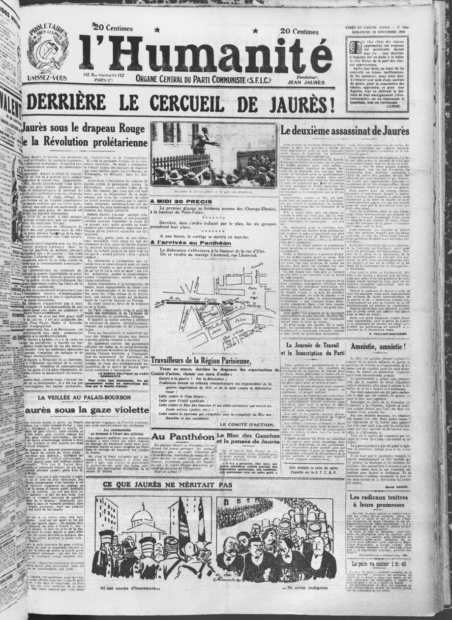 Jean Jaures átszállításának megszervezése a párizsi Pantheonba LHumanite-ból, 1924. november 23. (nyomtatott papír) alkotó: French School