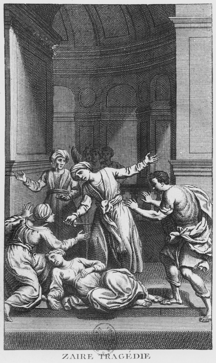 Orosmane megöli Zaire-t, illusztráció a „Zaire” V. felvonásából, Voltaire (1694-1778) (metszet) (f/w fotó) alkotó: French School