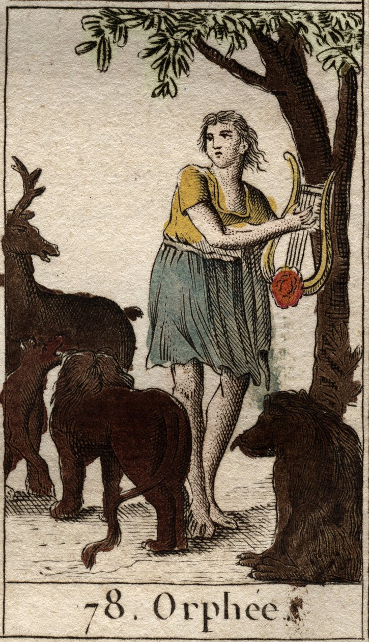 Orpheus elbűvöli a vadon élő állatokat Pierre Blanchard 1803-as „Mythologie de la jeunesse” című lírájának eljátszásával. alkotó: French School