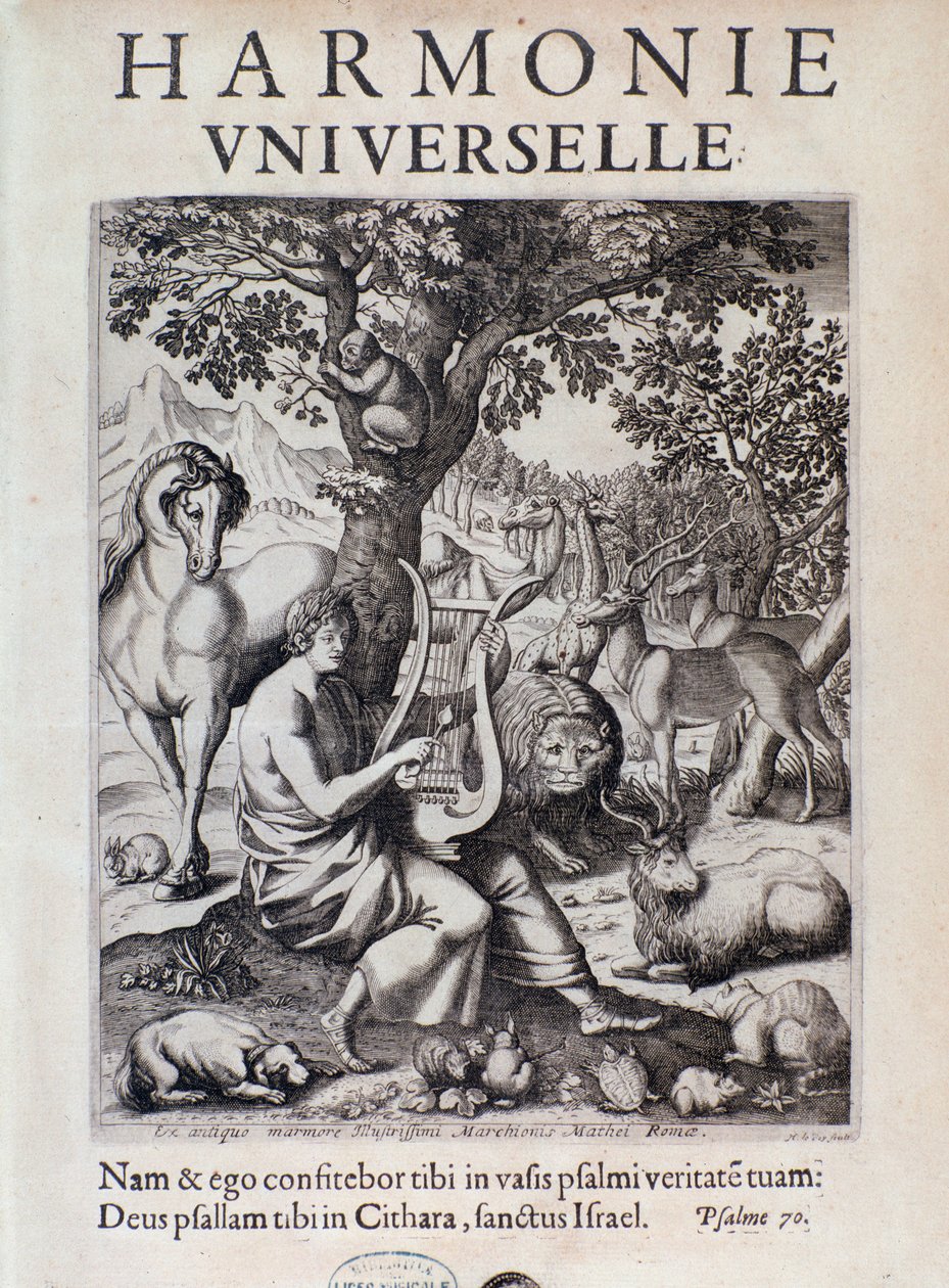 Orpheus az állatoknak játszik. Marin Mersenne Harmonie universelle című művének címlapképe. alkotó: French School