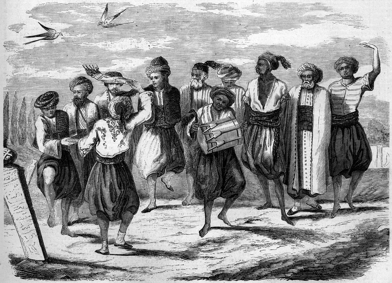 Ortodox ünnep: görög húsvéti táncok a konstantinápolyi Halottak Nagymezőjén. Metszet a „” Le Monde Illustré”” 52. számában, 1858. április 10. alkotó: French School