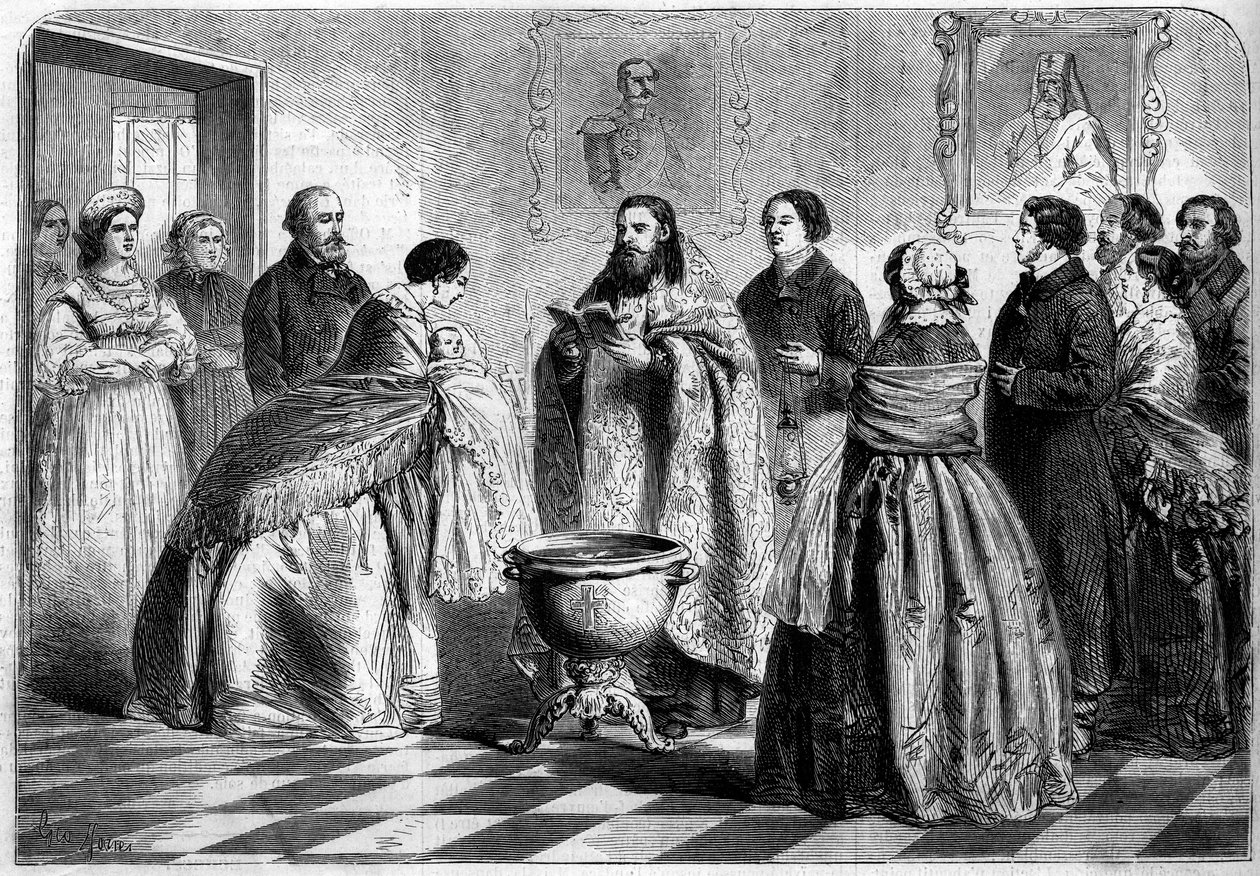 Ortodox szertartás – keresztelés: a görög szertartás szerint a keresztelő szertartása a felső orosz társadalomban 1858-ban. A gyermeket a keresztanyja jeleníti meg a pápánál, mielőtt belemerül a keresztelőkápolnába. Metszet a „” Le Monde Illustré”” 81. szá alkotó: French School