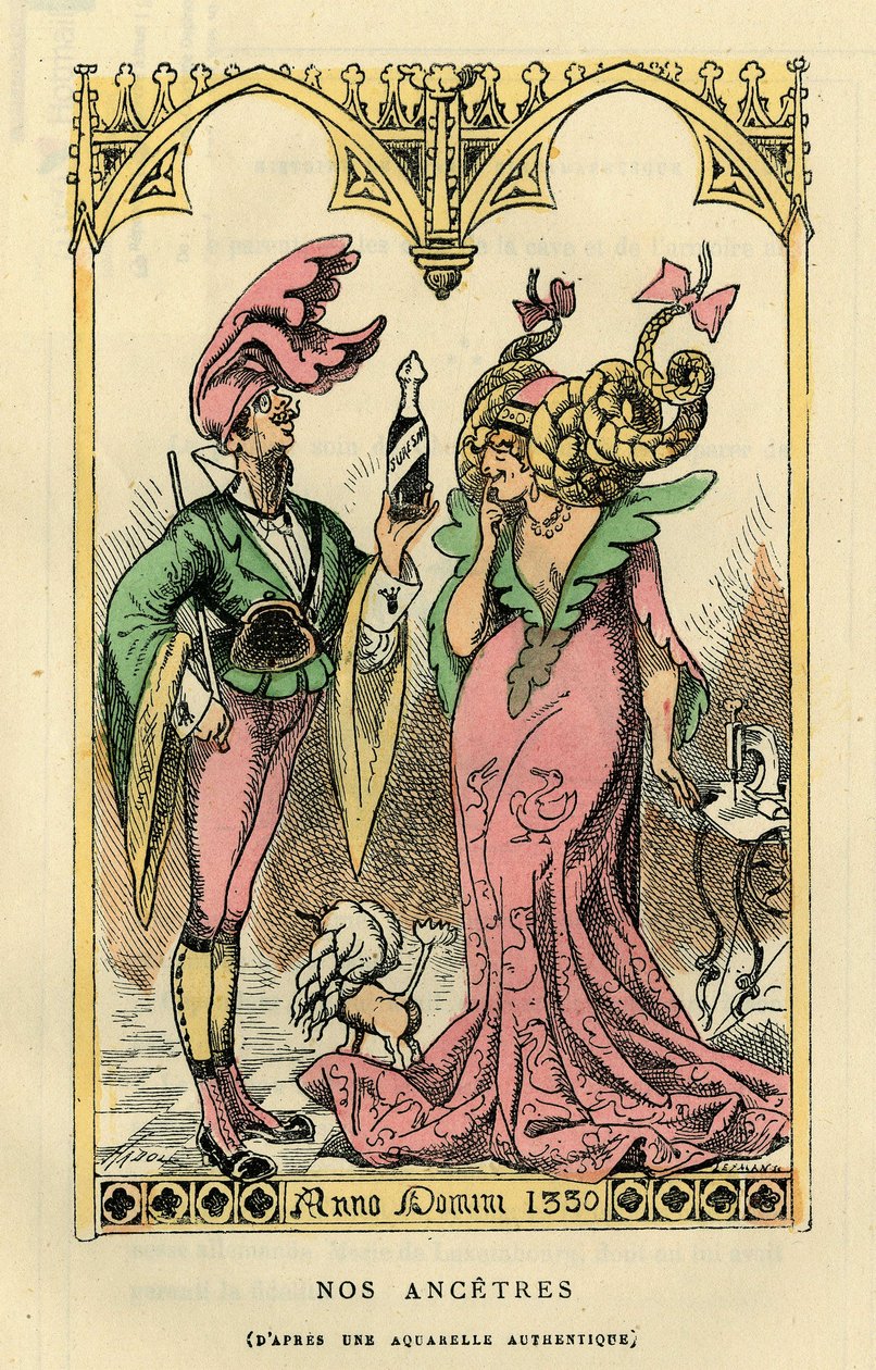 A mi Ancetresünk, karikatúra egy 1330-as akvarell után. Touchatout "Histoire de France Tintamarresque" című könyvében, Párizs. alkotó: French School