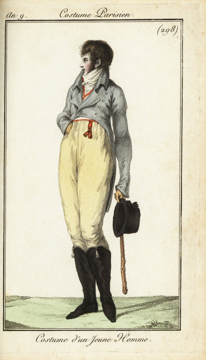 Fiatal férfi vagy Incroyable ruhája, 1801. május (kézszínű rézmetszet) alkotó: French School