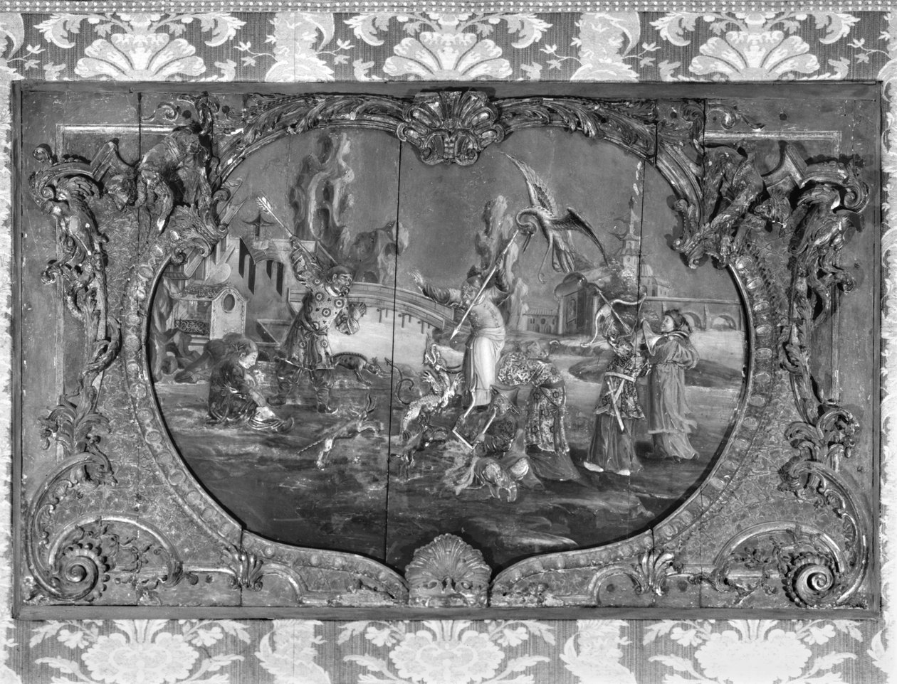 Kültéri panel kínai témájú, 1730 körül (polikróm és aranyozott fa) alkotó: French School