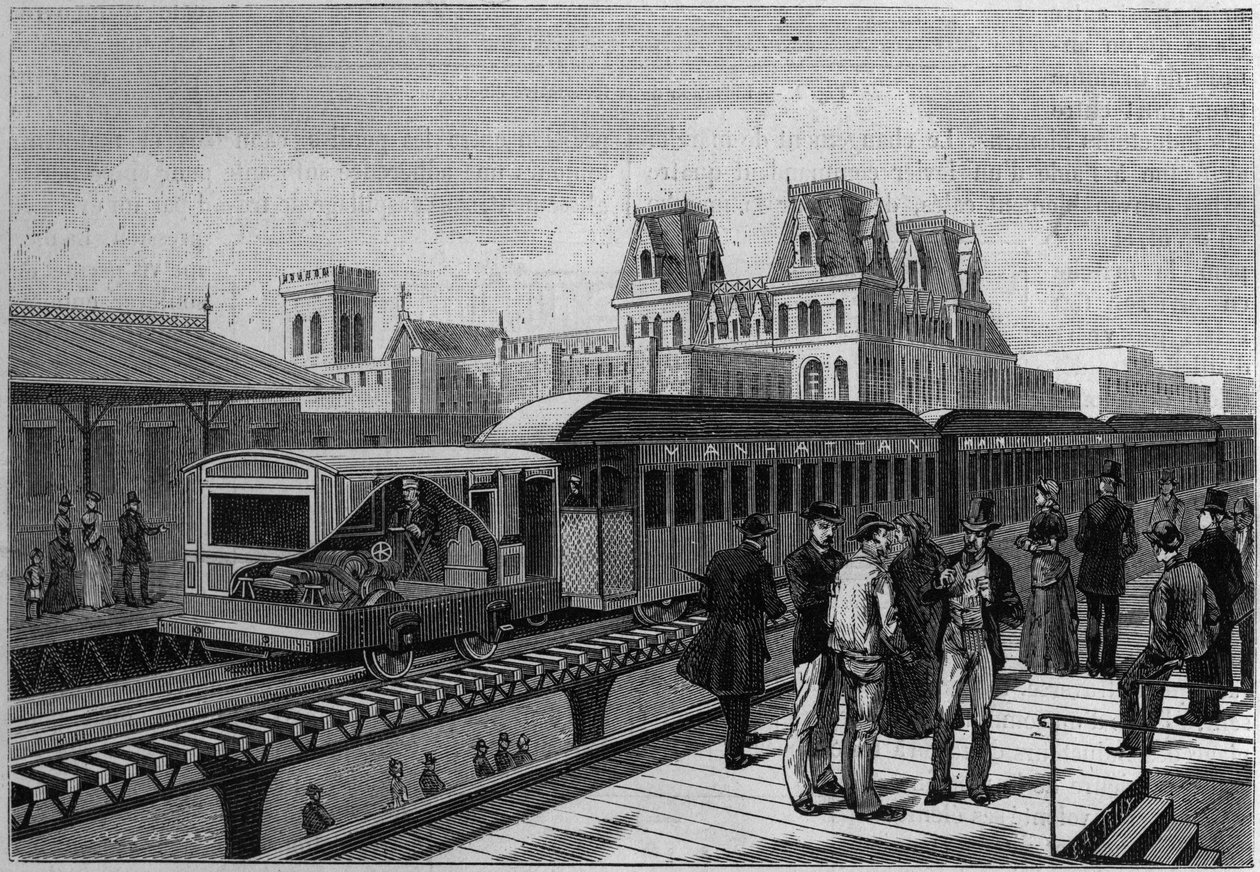 Az Elevated Railroad állomás és az elektromos vonat áttekintése New Yorkban, USA. Metszet a „” La Nature-be. Revue des sciences et de ses applications aux arts et a l