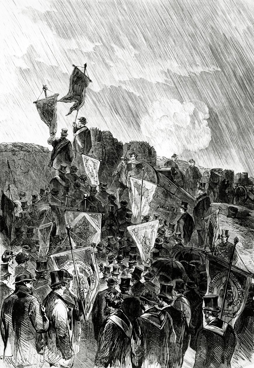 Pacifista demonstráció a szabadkőművesek erődítményeiről 1870. április 28-án, Párizs bombázásának leállítását követelve, a Le Monde Illustré-től, 1870. május 5. alkotó: French School