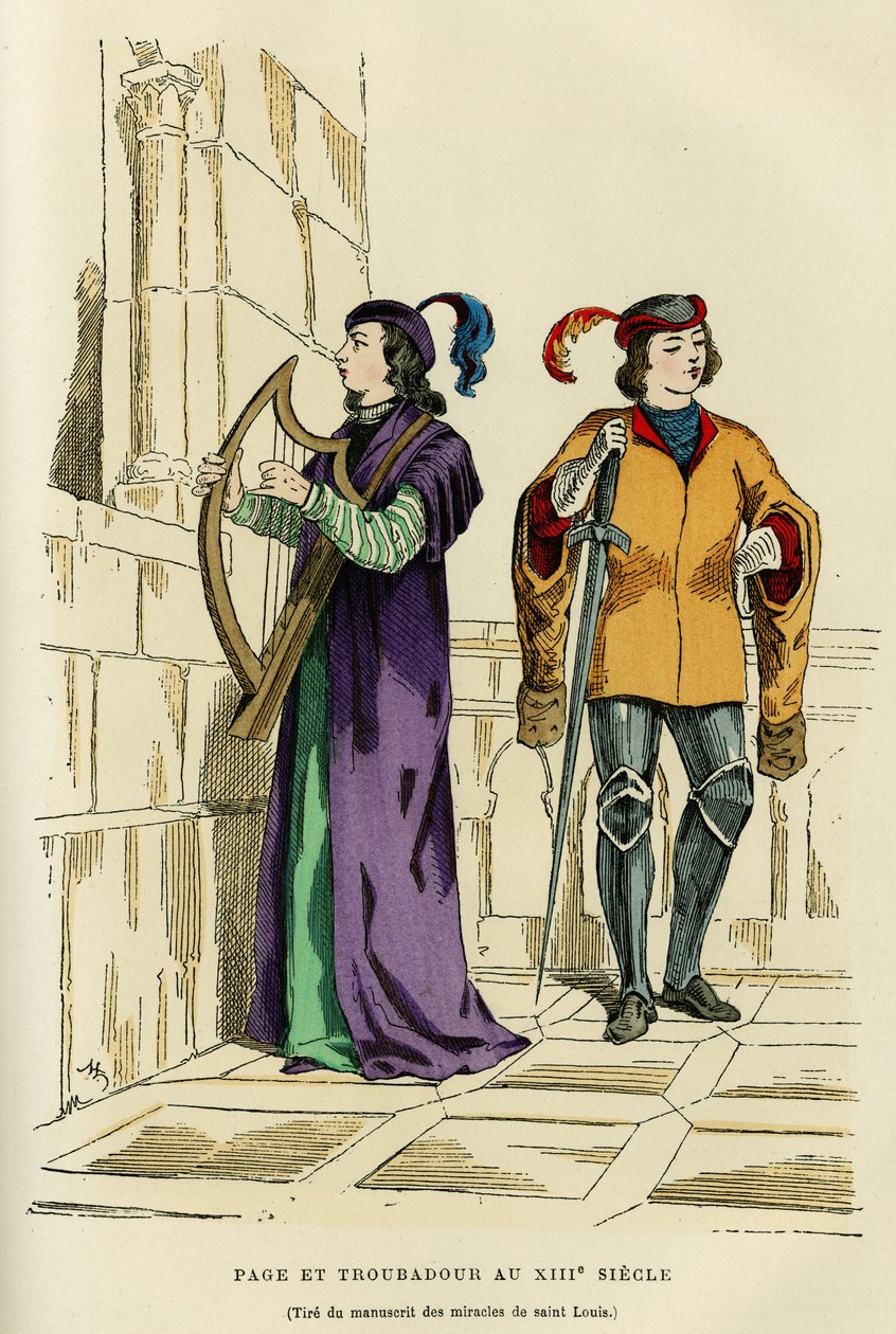 Lapjelmezek és trubadúr a 13. században. Színes metszet Szent Lajos csodáinak kéziratának rajza nyomán (IX. Lajos 1214-1270), a „France et les francais à travers les centuries”-ban Augustin Challamel, F.Roy szerkesztő, Párizs 1882. S alkotó: French School