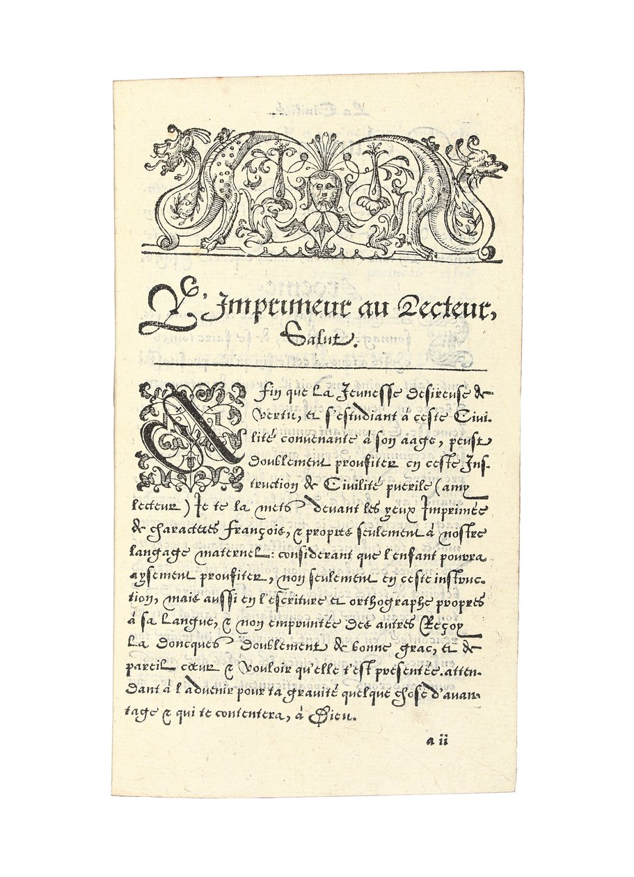 Oldal innen: „A gyermeki udvariasság, amelyért csodáltuk a gyermekek fegyelmezését és tanítását. Desiderius Erasmus: „A családapa tanai és tanításai a fiatalok számára” alkotó: French School