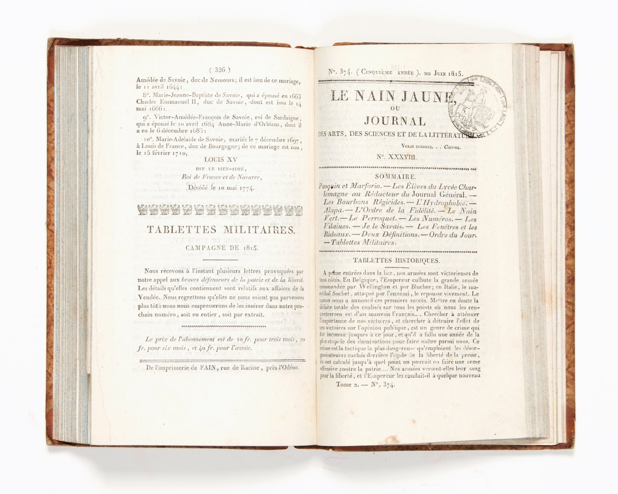 Oldal a „Le Nain Jaune” vagy a „Journal des Arts, des Sciences et de la Littérature” 374. számából, 1815. június 20. (nyomtatott papír) alkotó: French School