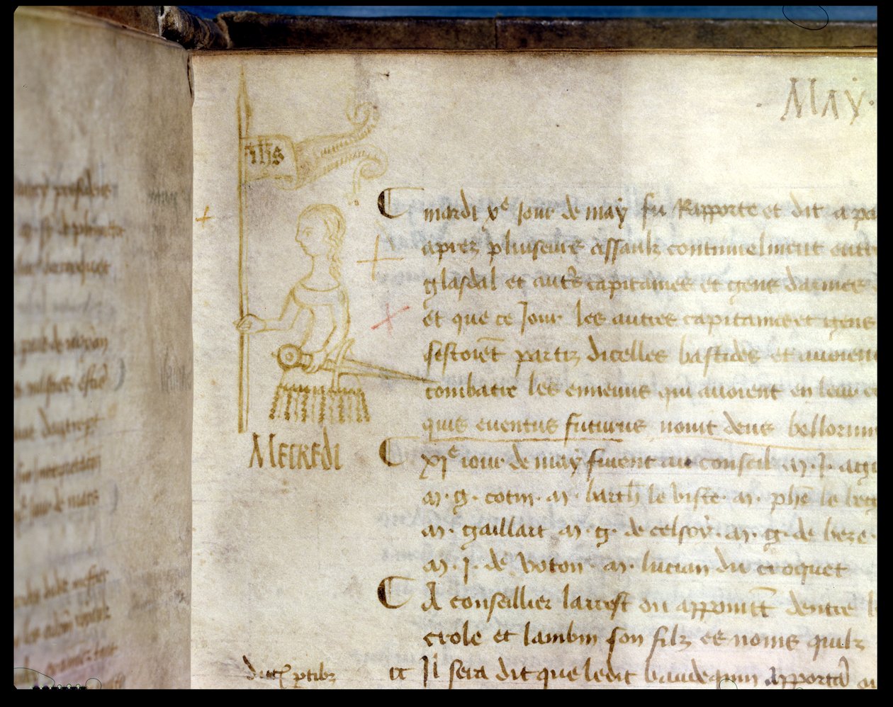 Oldal a „Párizsi Parlament Tanácsának nyilvántartásából”, amely Joan of Arc-ot (1412-31 körül) ábrázolja alkotó: French School