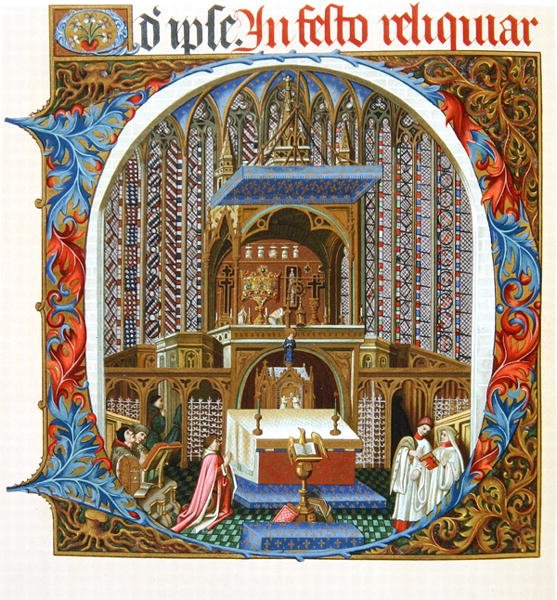Oldal a „Missel de Jouvenel des Ursins” fakszimile kiadásából, egy Historiated kezdeti „D” betűvel, amely a 15. századi párizsi Sainte-Chapelle ereklyék kiállítását ábrázolja (színes litó) alkotó: French School