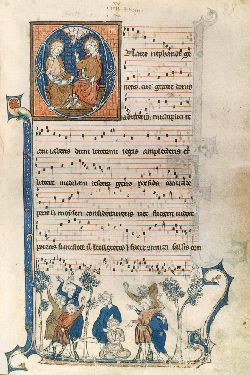 Oldal egy párizsi énekes kéziratából, a Szentháromság illusztrációival és a Blind Mans Bluff játékkal, 1280-1315 körül alkotó: French School