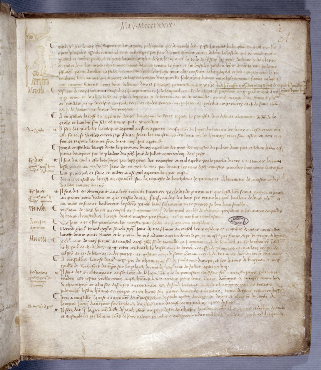 A párizsi parlament tanácsának nyilvántartásából származó oldal, amely Joan of Arc-ot (1412–1431) ábrázolja, 1429. május 10. alkotó: French School