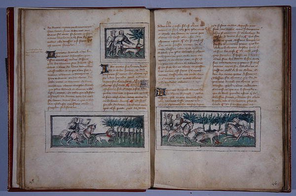 57. és 58. oldal, Le Livre du Roy Modus et de la Royne Racio, Henri de Ferrieres, 1420 körül (toll és tinta és WC papíron) alkotó: French School